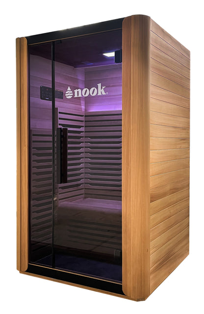 Side angle of 2-person infrared sauna with tempered glass door