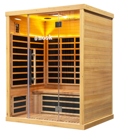 Side angle of 3-person infrared sauna with tempered glass door