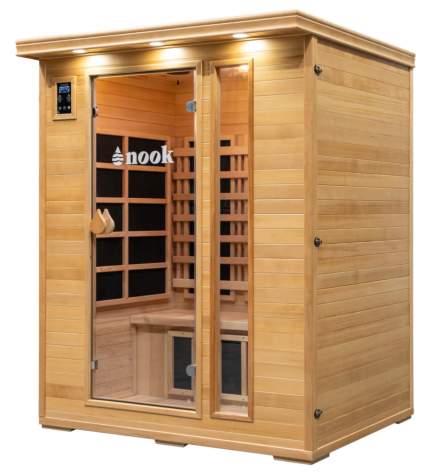 Side angle of 3-person infrared sauna with tempered glass door