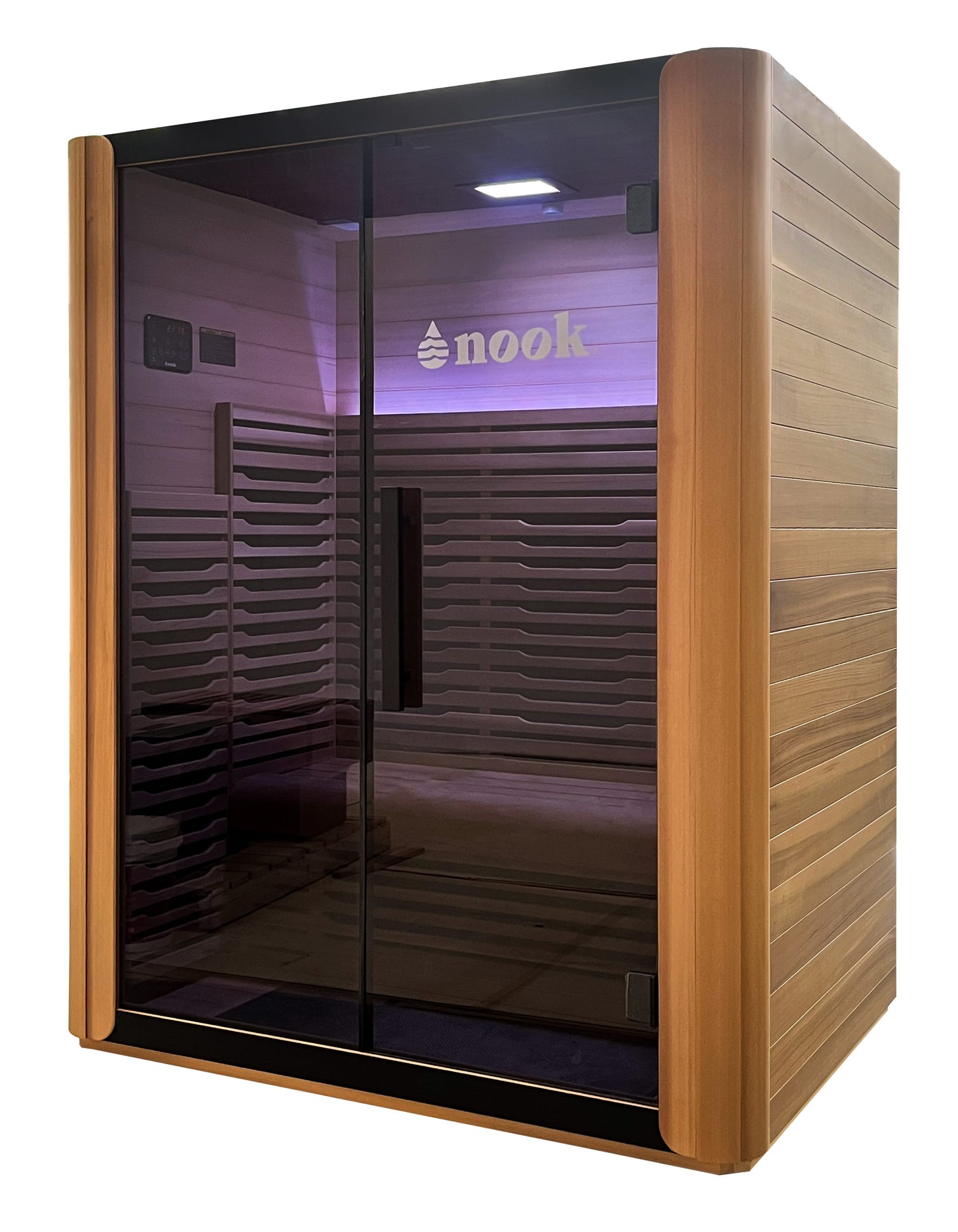Side angle of 3-person infrared sauna with tempered glass door