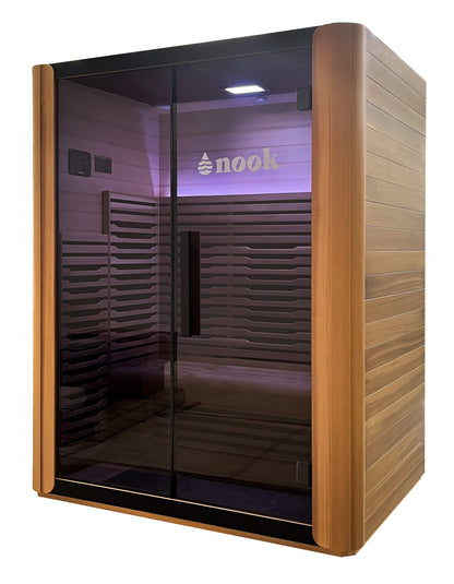 Side angle of 3-person infrared sauna with tempered glass door