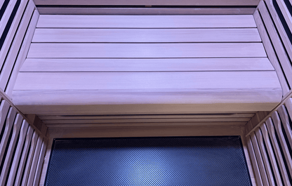 Bench view of Canadian Red Cedar wood in a Nook 2-person sauna