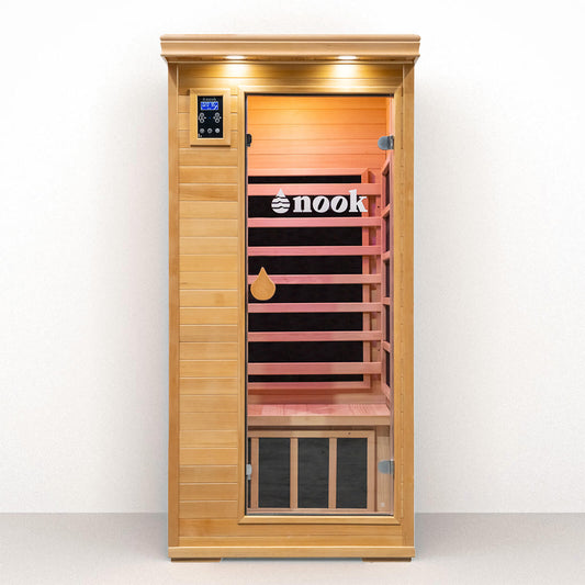 Nook Core 1-person infrared sauna front view in Canadian Hemlock