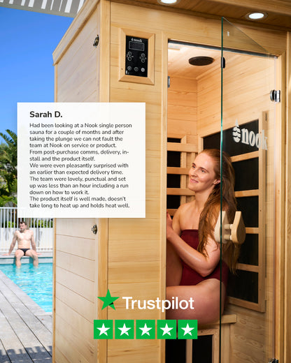 5-star Trustpilot customer reviews for the Nook Core 1-person infrared sauna.