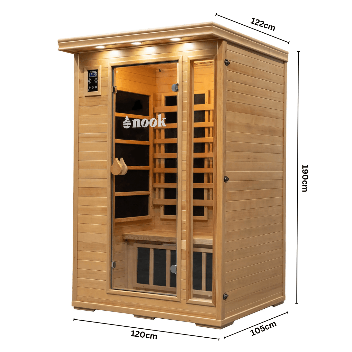 Size specifications and dimensions for Nook Core 2-person sauna