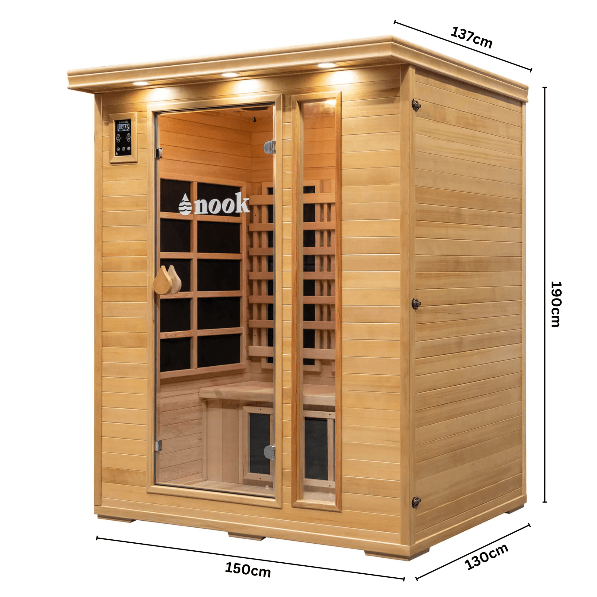 Size specifications and dimensions for Nook Core 3-person sauna