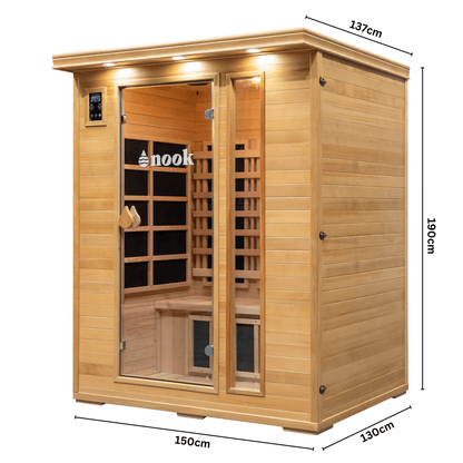 Size specifications and dimensions for Nook Core 3-person sauna