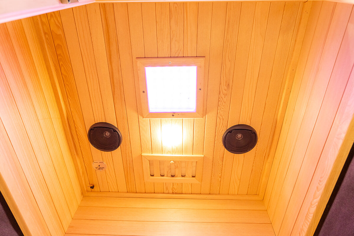 Roof and ventilation system detail on a Nook Core infrared sauna 