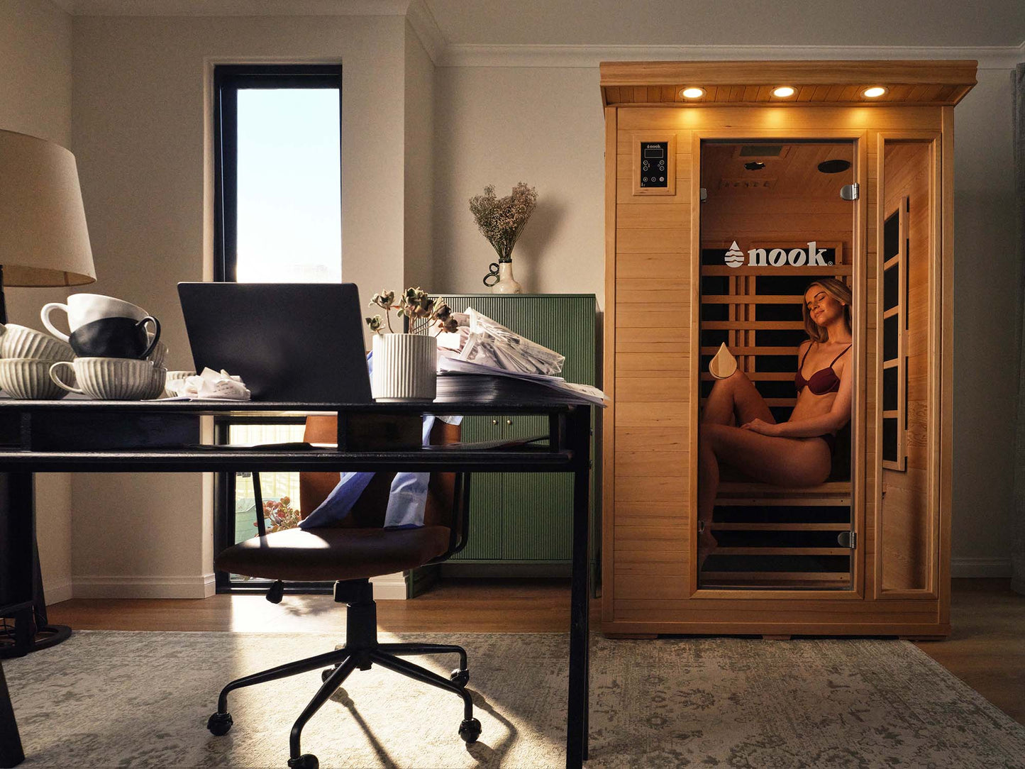 Interior lighting and chromotherapy ambience in a Nook Core2 sauna