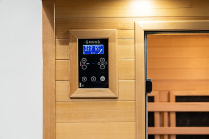 Wall panels corner shot of a Nook Core 3-person infrared sauna