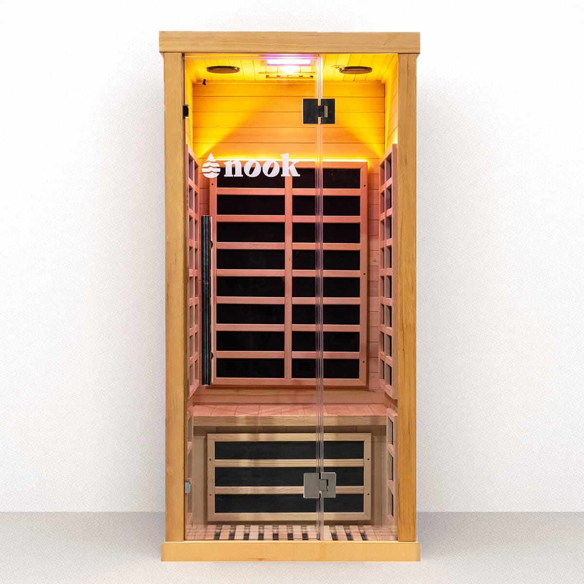 Nook Elite 1-person infrared sauna front view in Canadian Hemlock