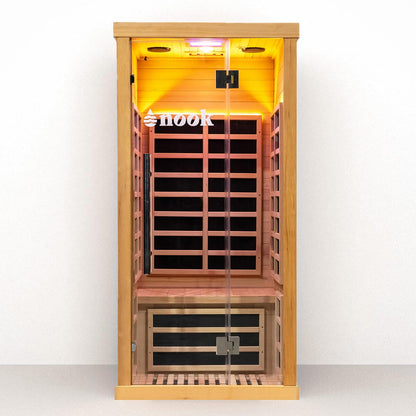 Nook Elite 1-person infrared sauna front view in Canadian Hemlock