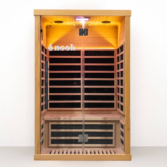 Nook Elite 2-person infrared sauna front view in Canadian Hemlock