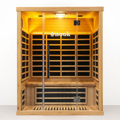Nook Elite 3-person infrared sauna front view in Canadian Hemlock