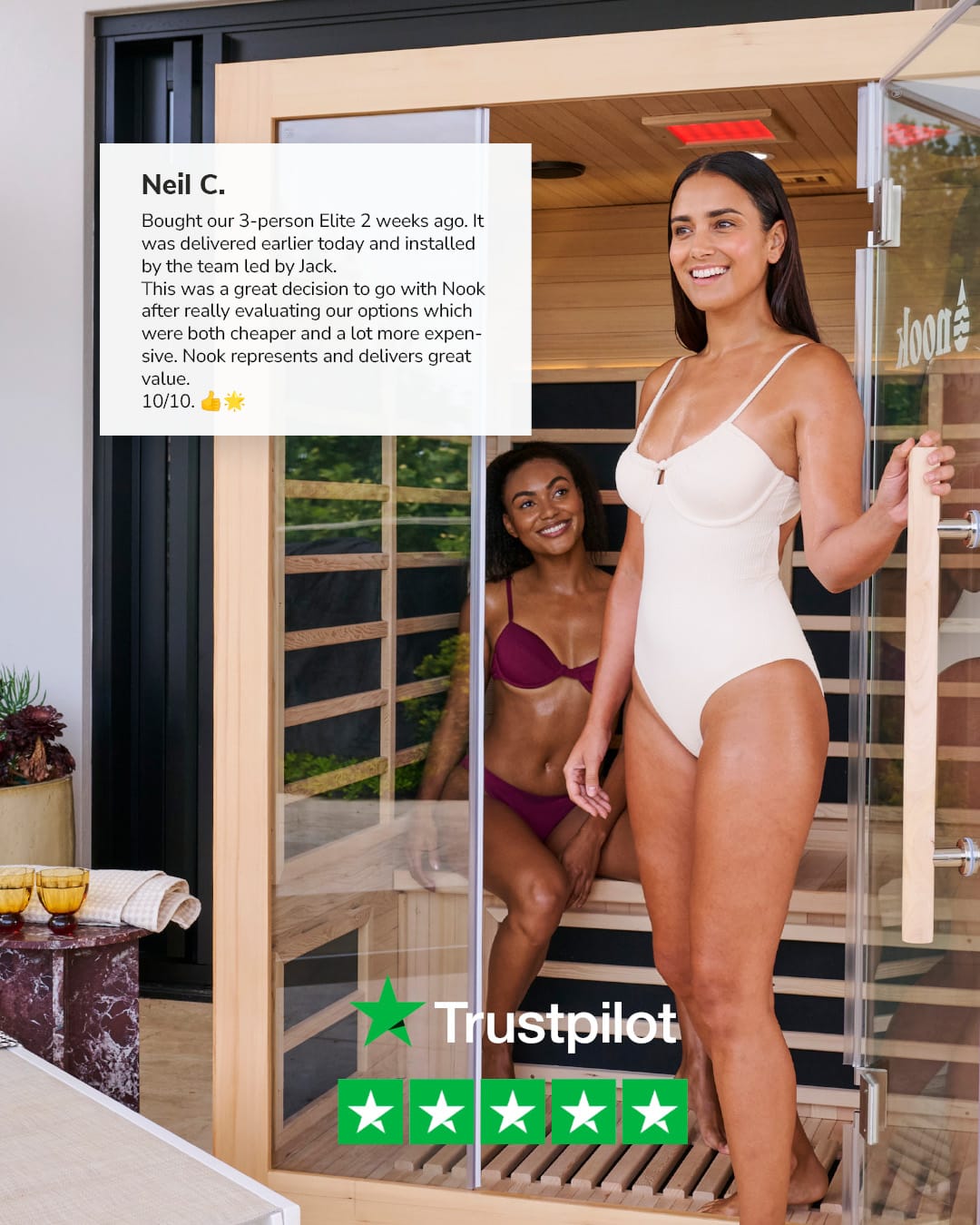 5-star Trustpilot customer reviews for the Nook Elite 3-person infrared sauna