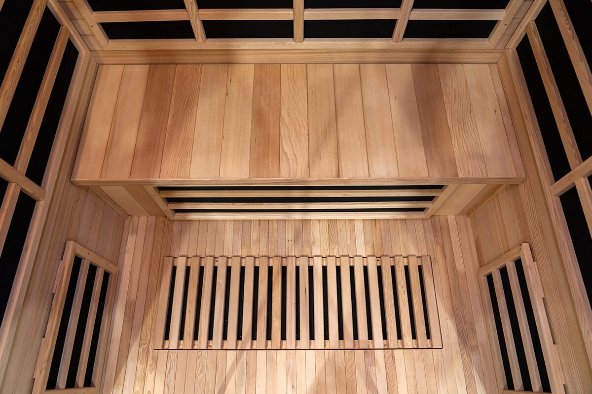 Close-up of the wood paneling at the bottom of a Nook Elite 3 sauna