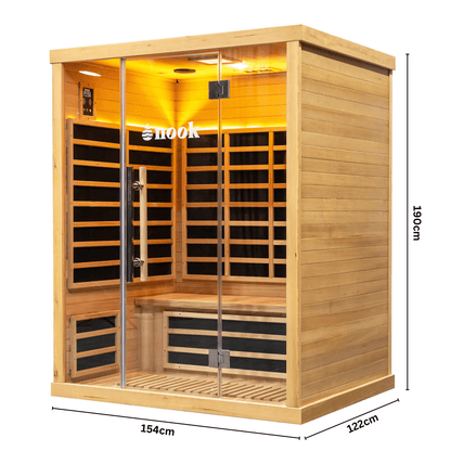 Size specifications and dimensions for Nook Elite 3-person sauna