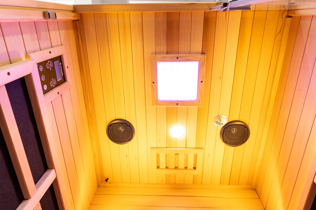 Roof and ventilation system detail on a Nook Elite 1-person infrared sauna