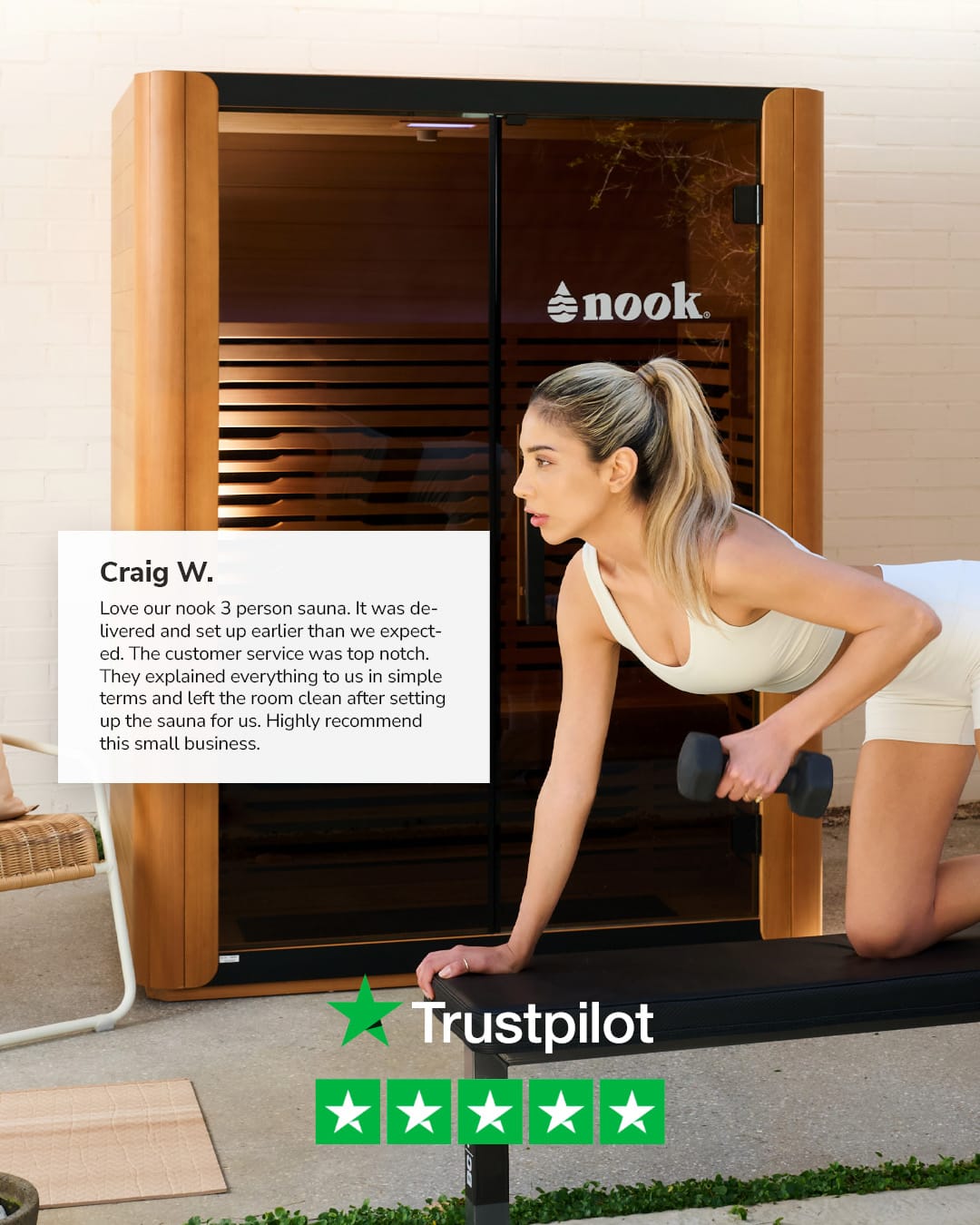 5-star Trustpilot customer reviews for the Nook Ultra 3-person infrared sauna