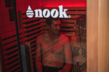 Interior lighting and chromotherapy ambience in a Nook Ultra 2 sauna