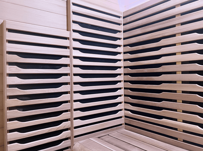 Interior Canadian Red Cedar wood details of a Nook Ultra 3-person infrared sauna